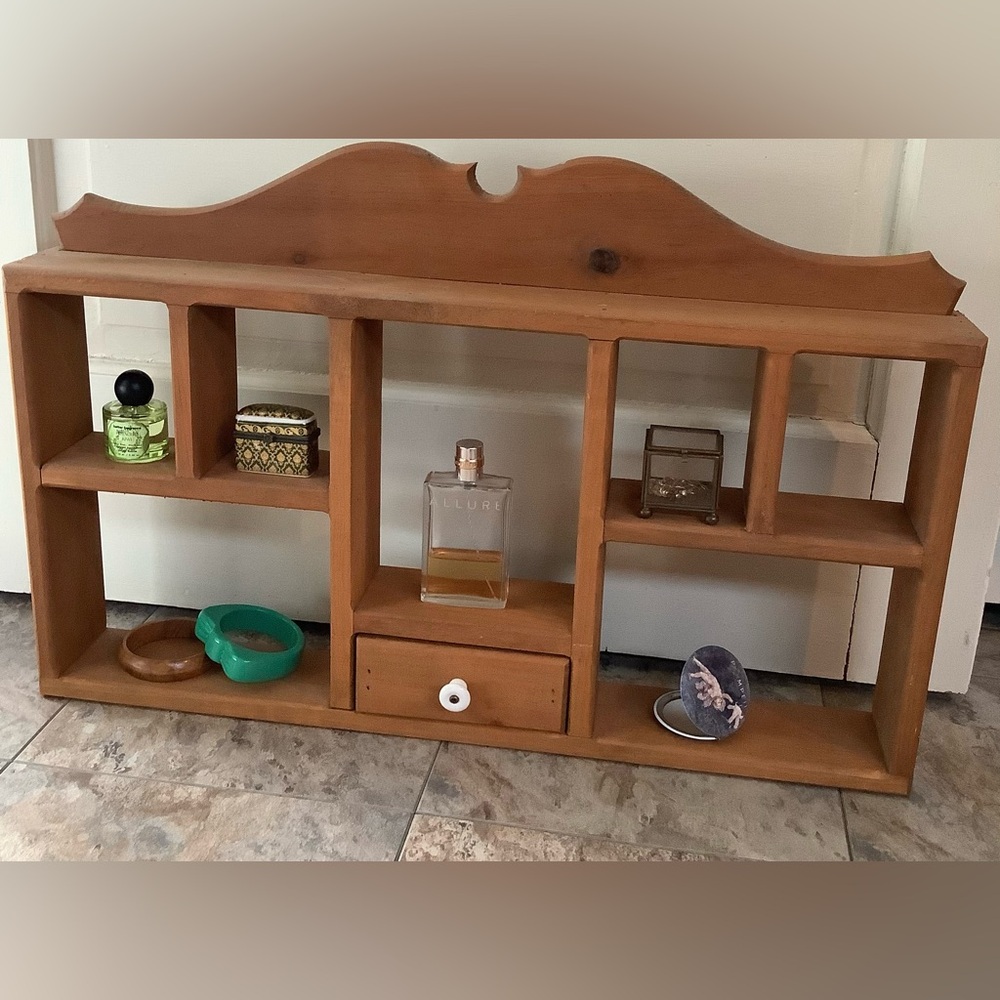 Vintage Cottagecore Solid Wood Wall Display 7 Shelves One Drawer